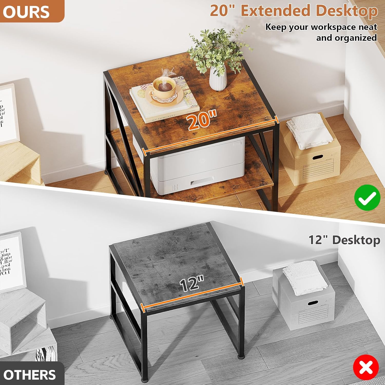 CAIYUN 2-Tier Large Priner Stand with Storage Shelf, 20"×20" Under Desk Printer Table for Home Office, End Table for Living Room, Heavy Duty Storage Rack for Scanner Fax Heat Press, Rustic Brown