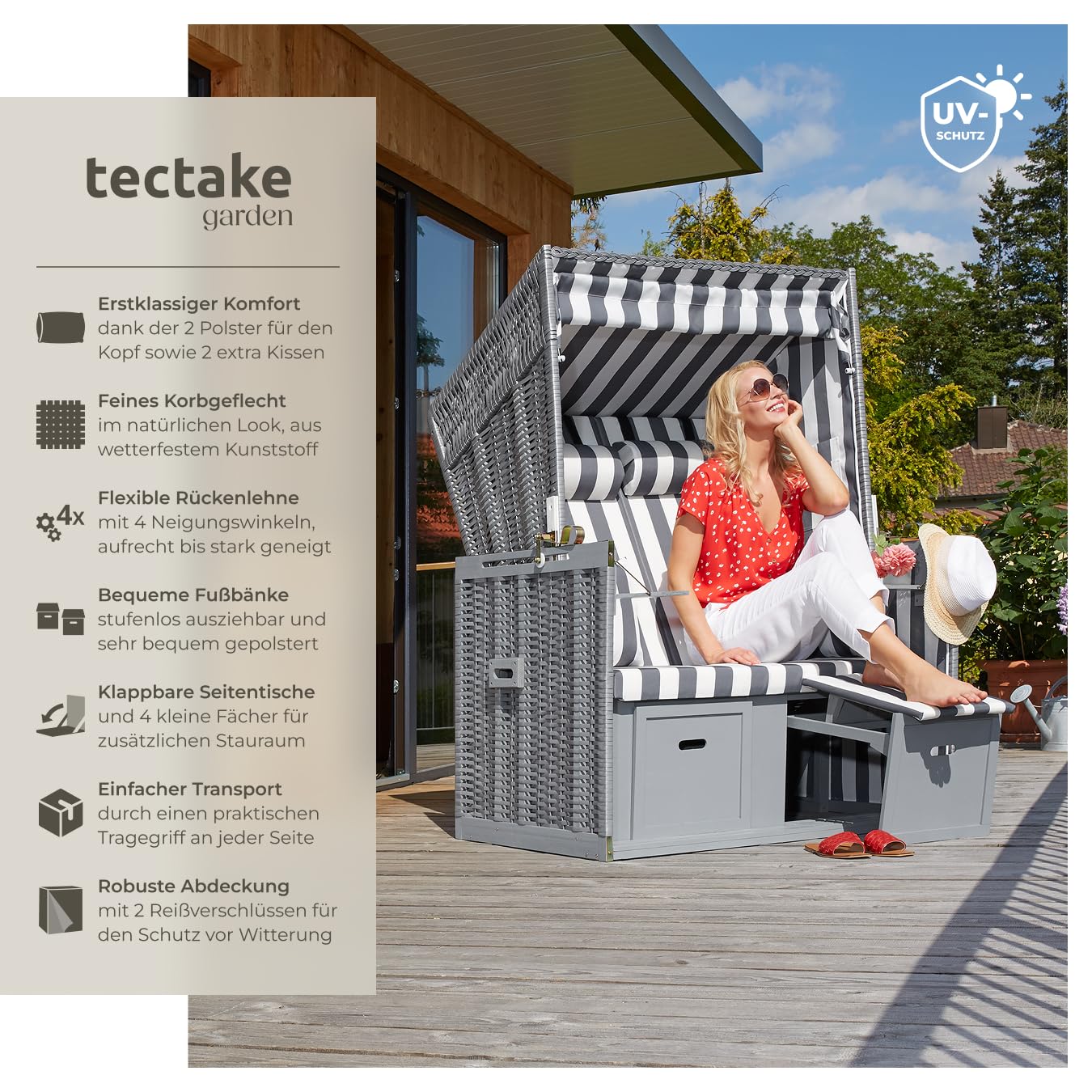 tectake® Strandkorb, Strandkorb Ostsee 2-Sitzer, verstellbare Rückenlehne, Volllieger mit Fußbänkchen und Seitentische, inkl. Schutzhülle & Kissen, Ideal für Balkon, Garten und Terrasse - grau/weiß