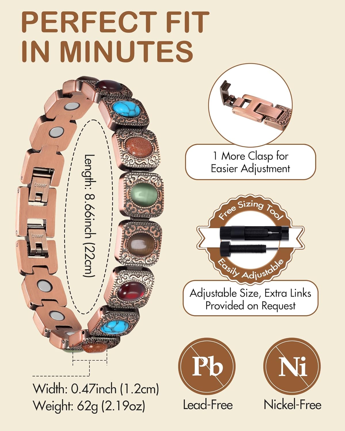 Feraco Pure Copper Bracelets for Women, Ultra Strength Magnetic Bracelet with 3800 Gauss Magnets & Natural Turquoise & Stones, Adjustable, Jewelry Gift - Image 6