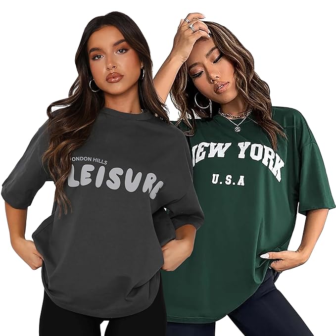 London Hills Women's Casual Printed Round Neck, Oversized Longline Drop Shoulder Boho Style T-Shirt Pack of 2
