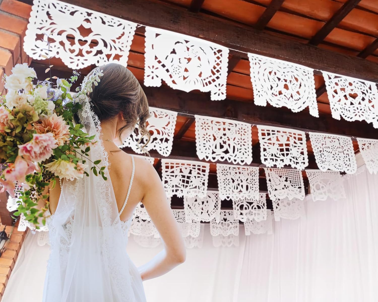 White papel picado Mexican plastic banner, Large White Mexican wedding Garlands, Perfect for Rehearsals, Bridal Shower, Photo booth backdrop, Engagement party, Wedding backdrop 5 Pack/75 ft