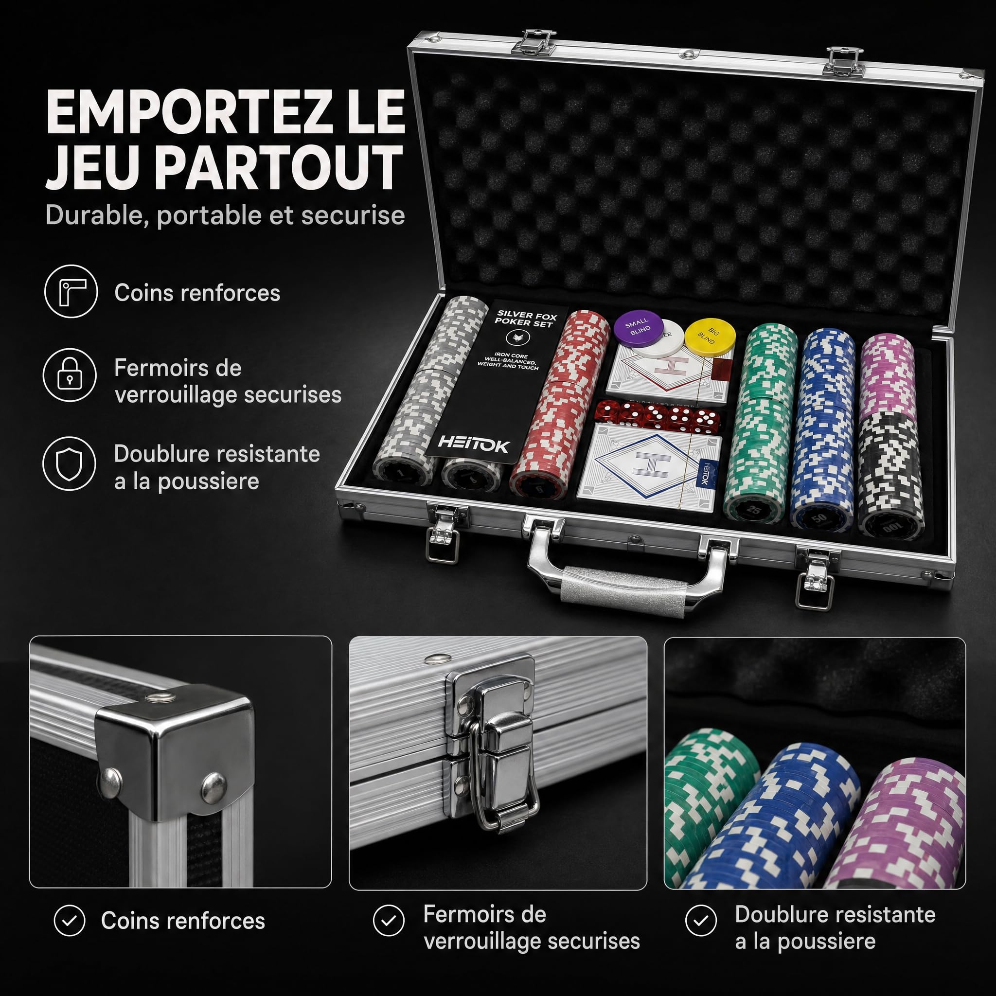 HEITOK Mallette de Poker Professionnelle 300 Jetons Numérotés 11,5g avec Insert Métal – Set Complet Texas Hold'em, 2 Jeux de Cartes, Dés, Boutons Dealer – Valise Aluminium pour Soirées Casino Adultes
