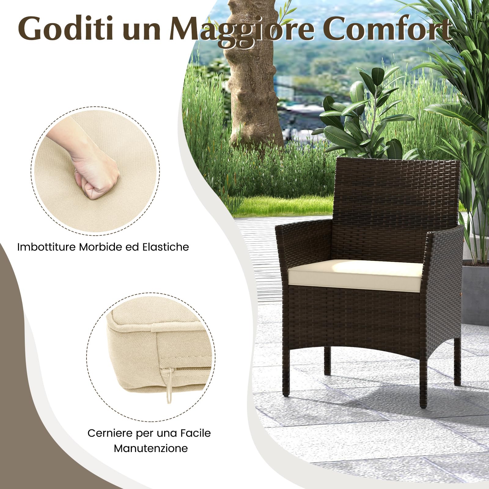 COSTWAY Set di Salotto da Giardino in Rattan 4 Pezzi, Set Mobili da Esterno in Vimini con Cuscini Morbidi, Divanetto e Poltrona con Tavolo in Vetro Temperato per Giardino e Veranda (Marrone)