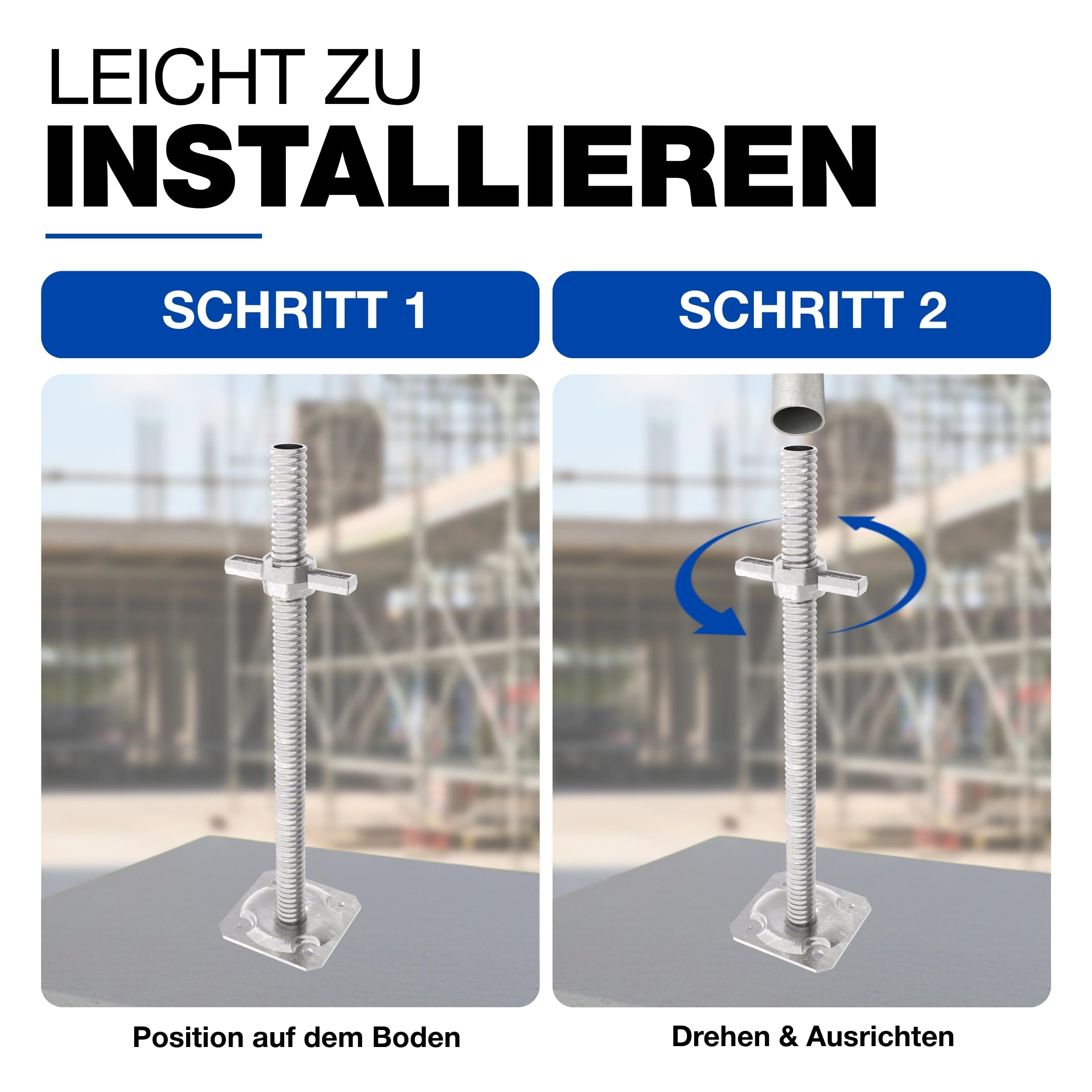 GeZu Impex Gerüstspindel Galvanisch Verzinkt 500 mm Ø 38 mm Spindelfuß Gerüstfüße Gewindefußplatte