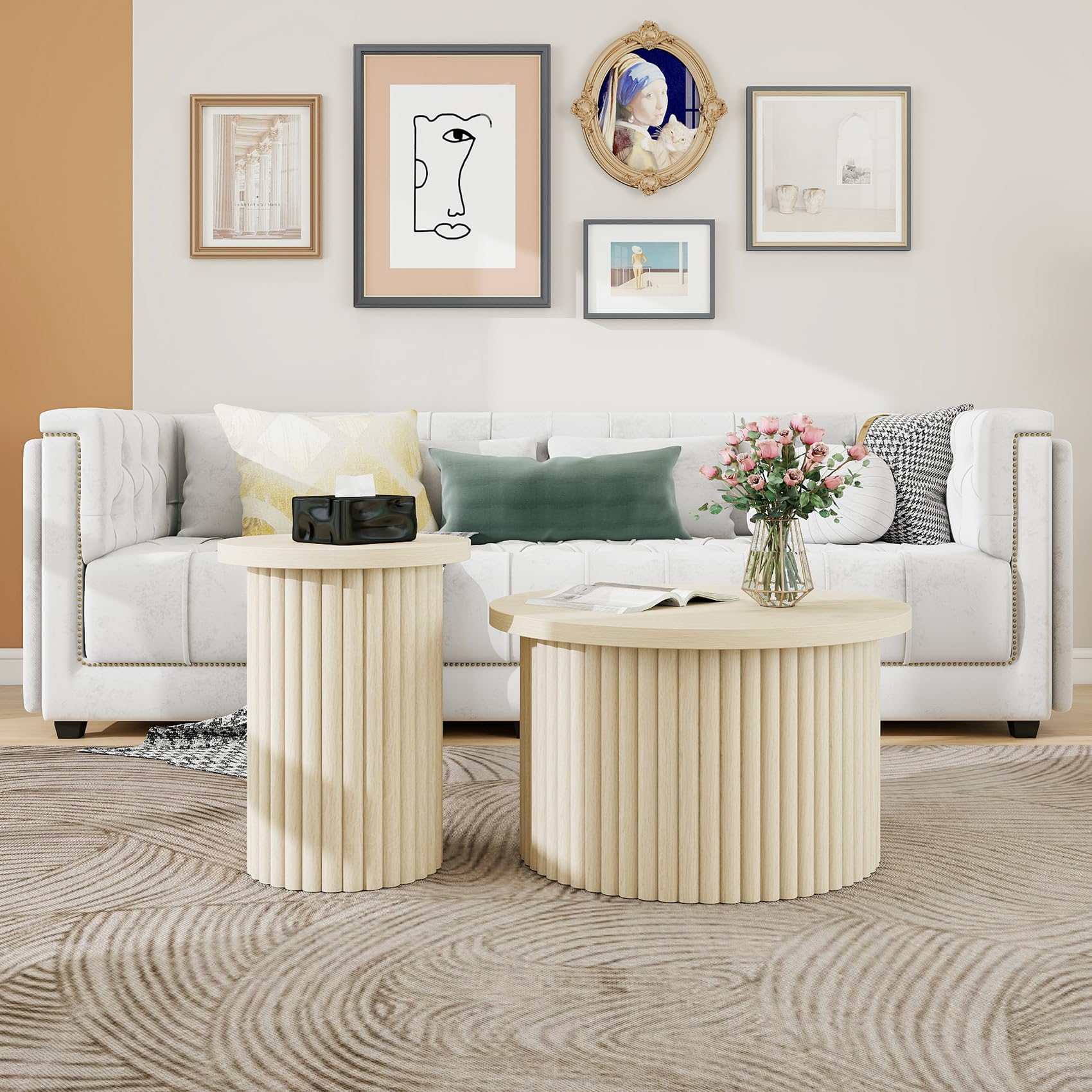 Modernes 2er Set runder Couchtische mit Wellenförmigem Design und Holzmaserung, Naturfarbe – Stilvolle Beistelltische für Wohnzimmer, Schlafzimmer, Arbeitszimmer, Balkon
