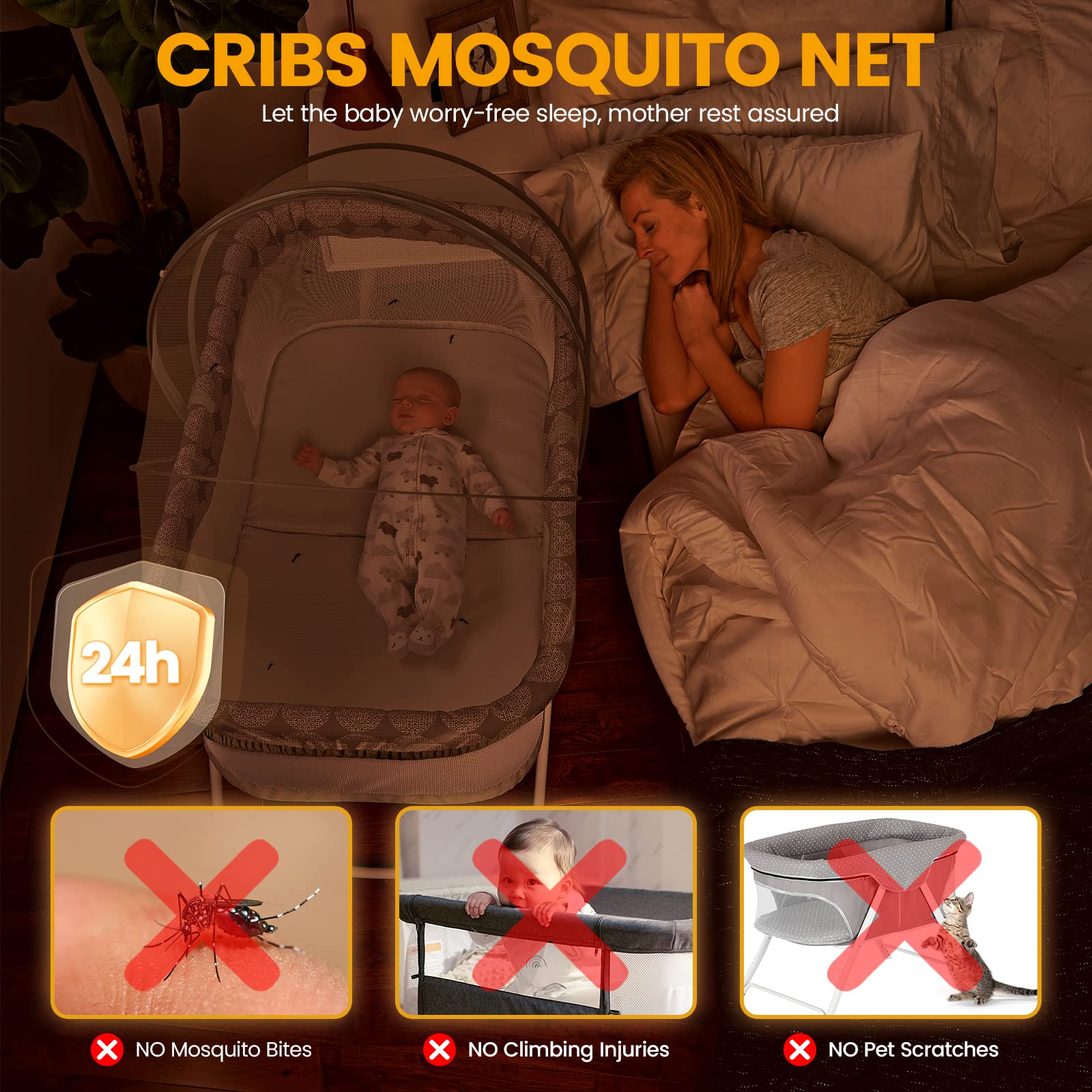 Mosquito Net for Cot Universal Cat Net for Next to Me Crib with Side Bag Stable Mosquito Canopy for Bedside Crib with Noiseless Zipper Easy Access - Image 2