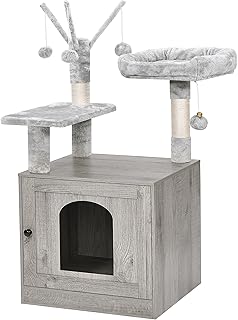 BEWISHOME Cat Tree with Litter Box Enclosure All-in-one Cat Hidden Litter Box Furniture Modern Wood Cat Tower with Plush Perch Scratching Posts Cat Condo MMJ82Q