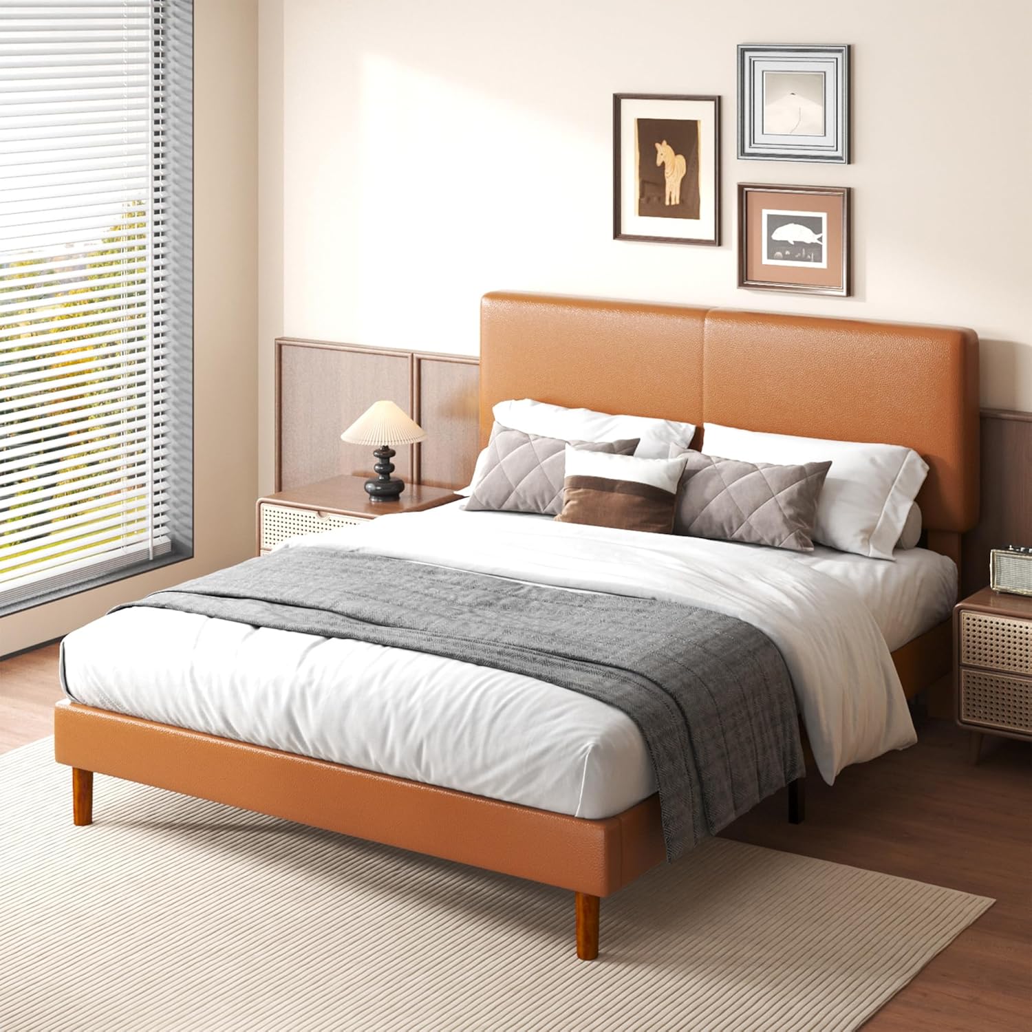 Queen Upholstered Platform Bed Frame with Headboard, Faux Leather Modern Bed Frame with Wood Slat Support, No Box Spring Needed, Easy Assembly, Orange-Brown