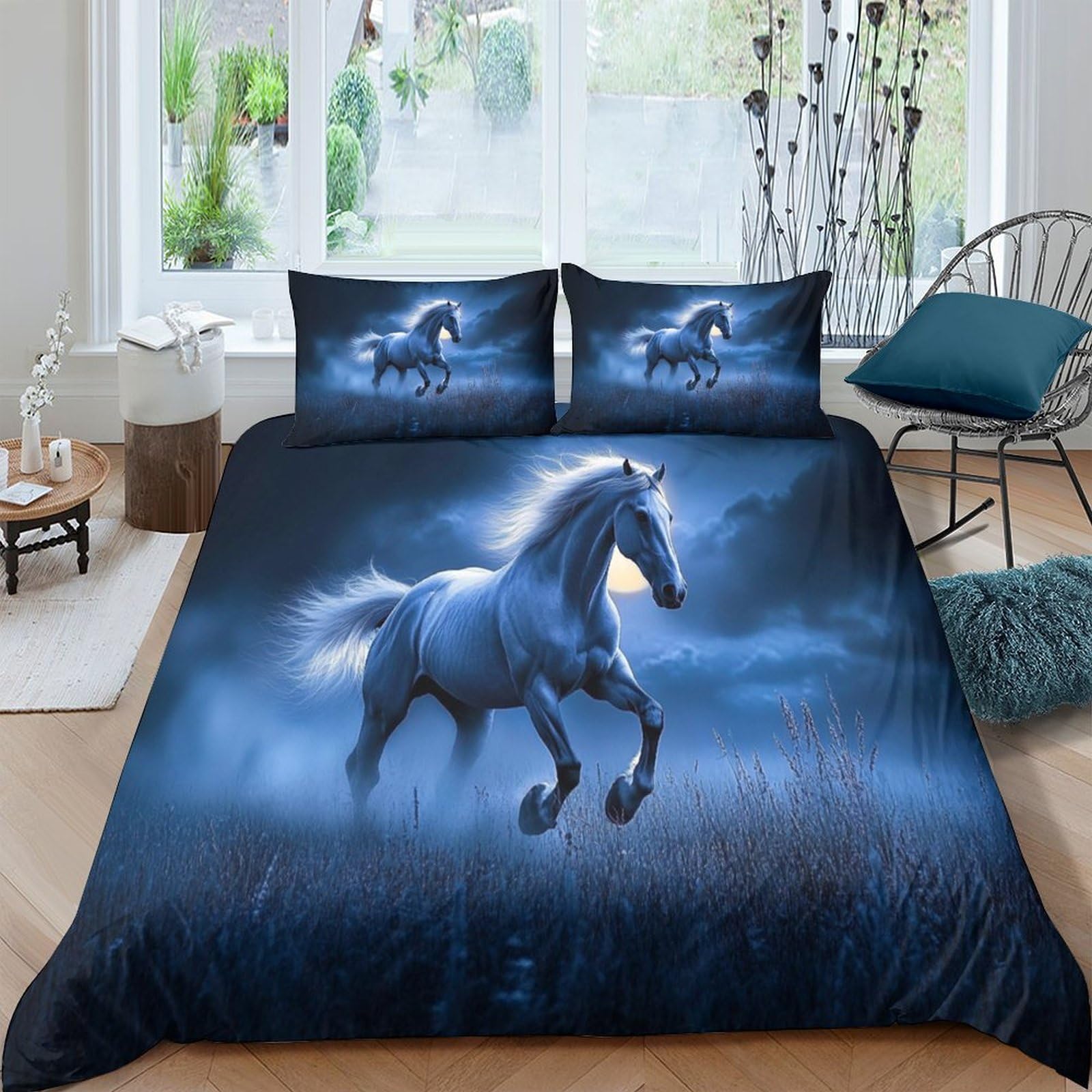 Ctjqhvkz Style-10 3D Printed Midnight Blue Horse Fitted Sheet Microfiber Soft Non-Slip Bed Cover Moonlight Stallion Bedroom Decor Single（135X200cm）