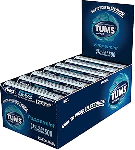Tums Regular Strength, Peppermint, 12-Count Rolls (Pack of 12)