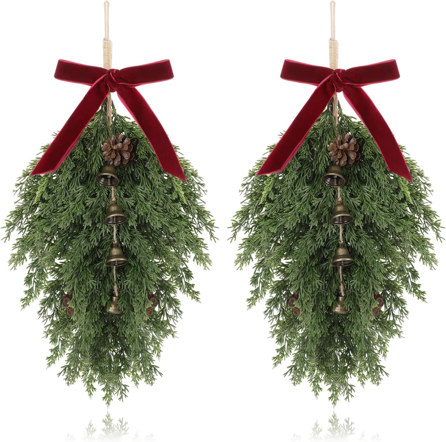 Suncalla 2 Pack Hanging Christmas Teardrop Swag 20 Inch Rustic Door Swag Teardrop Artificial Pine Needle Wreath Greenery Garland with Bell Bow for Outdoor Indoor Fireplace Window Wall Decor(Red)