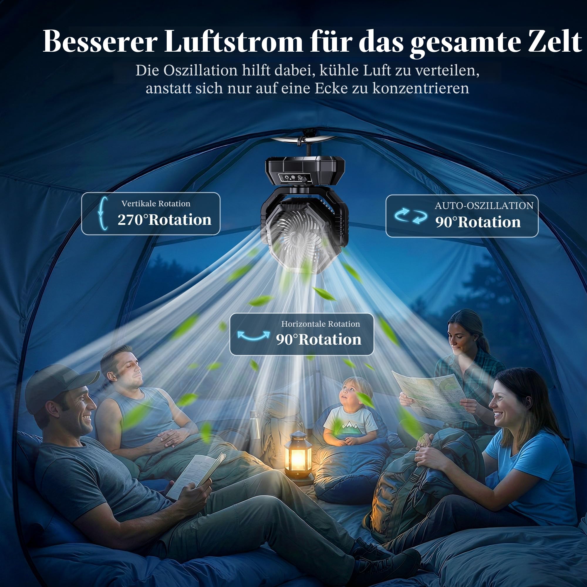 VTHW Camping Ventilator, 20000mAh Wiederaufladbarer Ventilator mit LED Licht & Haken, 270° Drehung, Stufenlose Geschwindigkeit, Timer-Modus, USB Tischventilator für Indoor Outdoor (Schwarz)