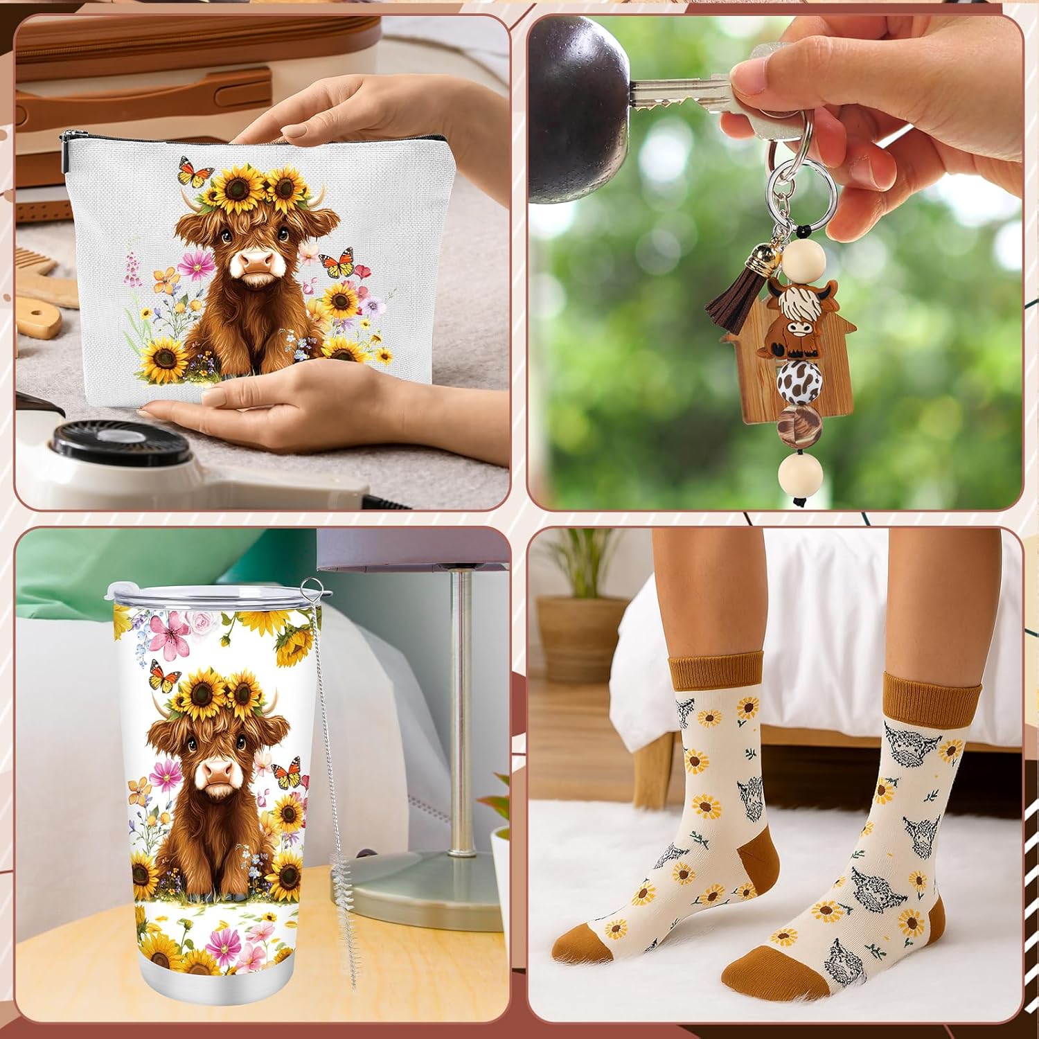 Keluna Highland Cow Gifts for Women - 4Pcs Cute Highlandcow Gift, 20oz Highland Cattle Tumbler with Lid Straw, Sunflower Cattle Makeup Bag Keychain Socks for Cow Lovers Girls Birthday Christmas Gifts - Image 5