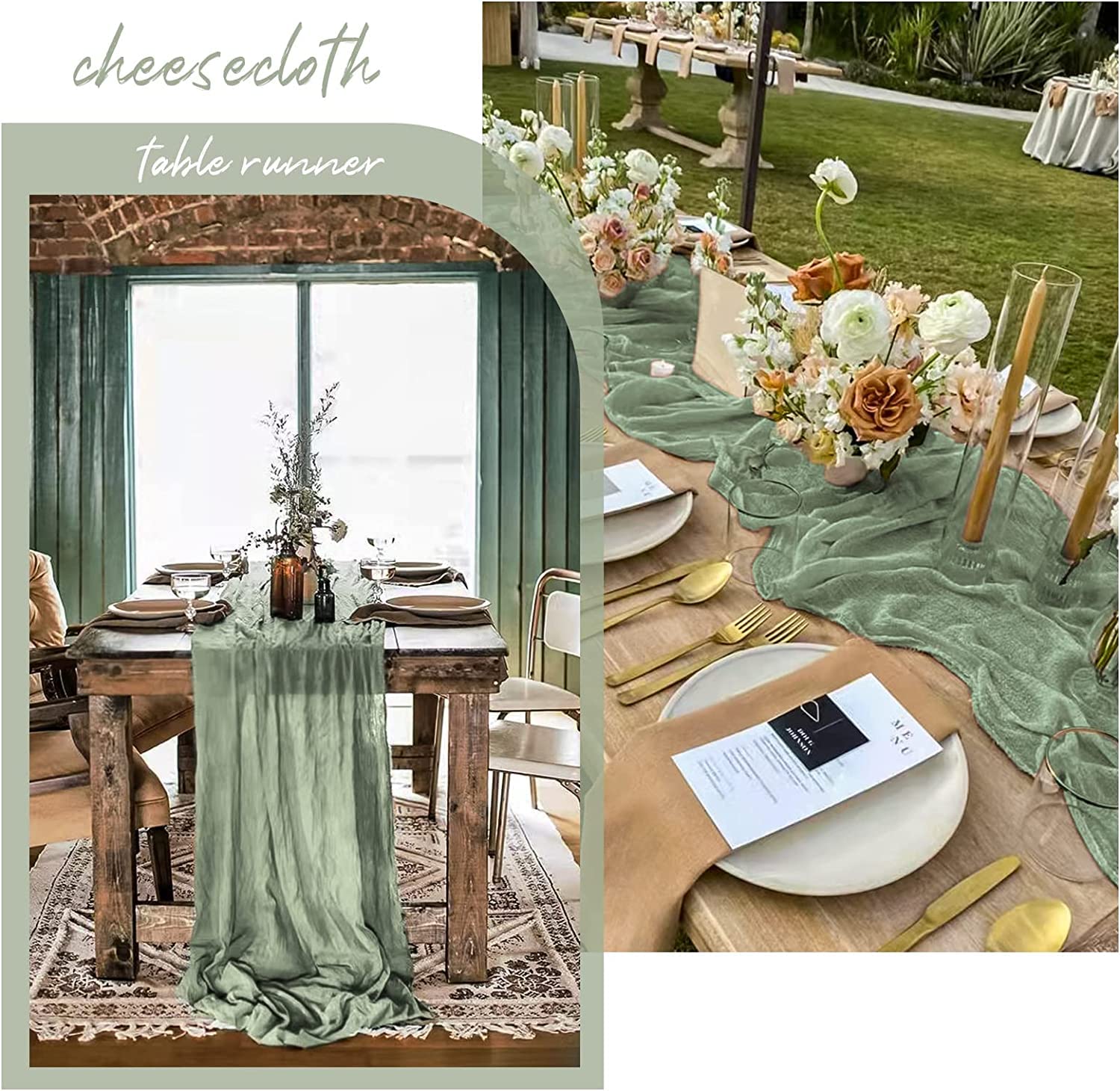 Tischläufer aus rustikalem Gaze-Seide, 90 x 300 cm, für Hochzeiten, Boho-Tischdecke in Salbeigrün, für Brautpartys, Feiertagspartys, 10 Stück (weiß, 10 Stück, 300 x 90 cm)