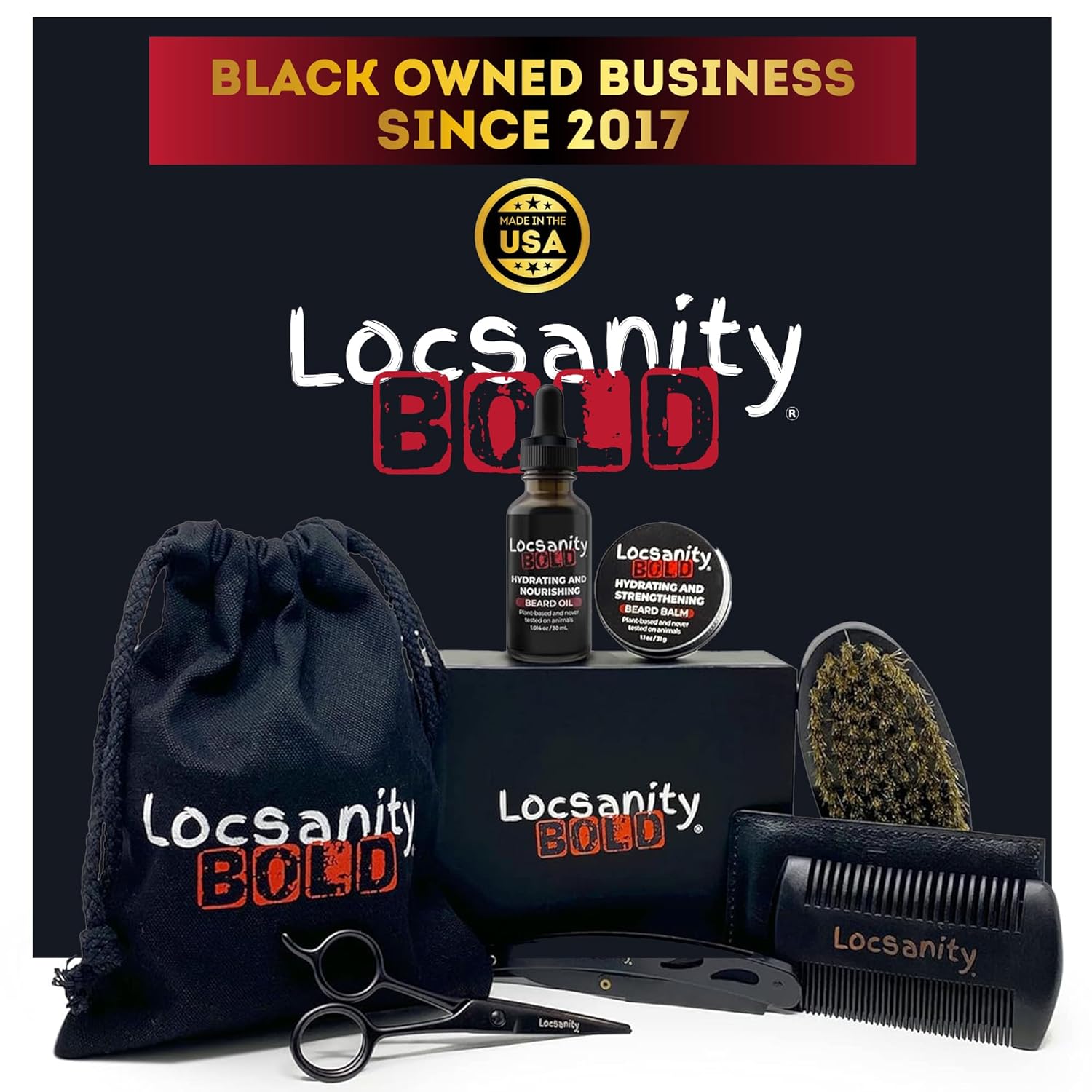 Locsanity BOLD Beard Kit, Beard Growth Kit, Beard Grooming Kit, Growth Oil, Balm Conditioner, Brush, Comb, Mustache Scissor, Storage Bag, Beard Care & Trimming Trimmer Kit Gifts for Men Him