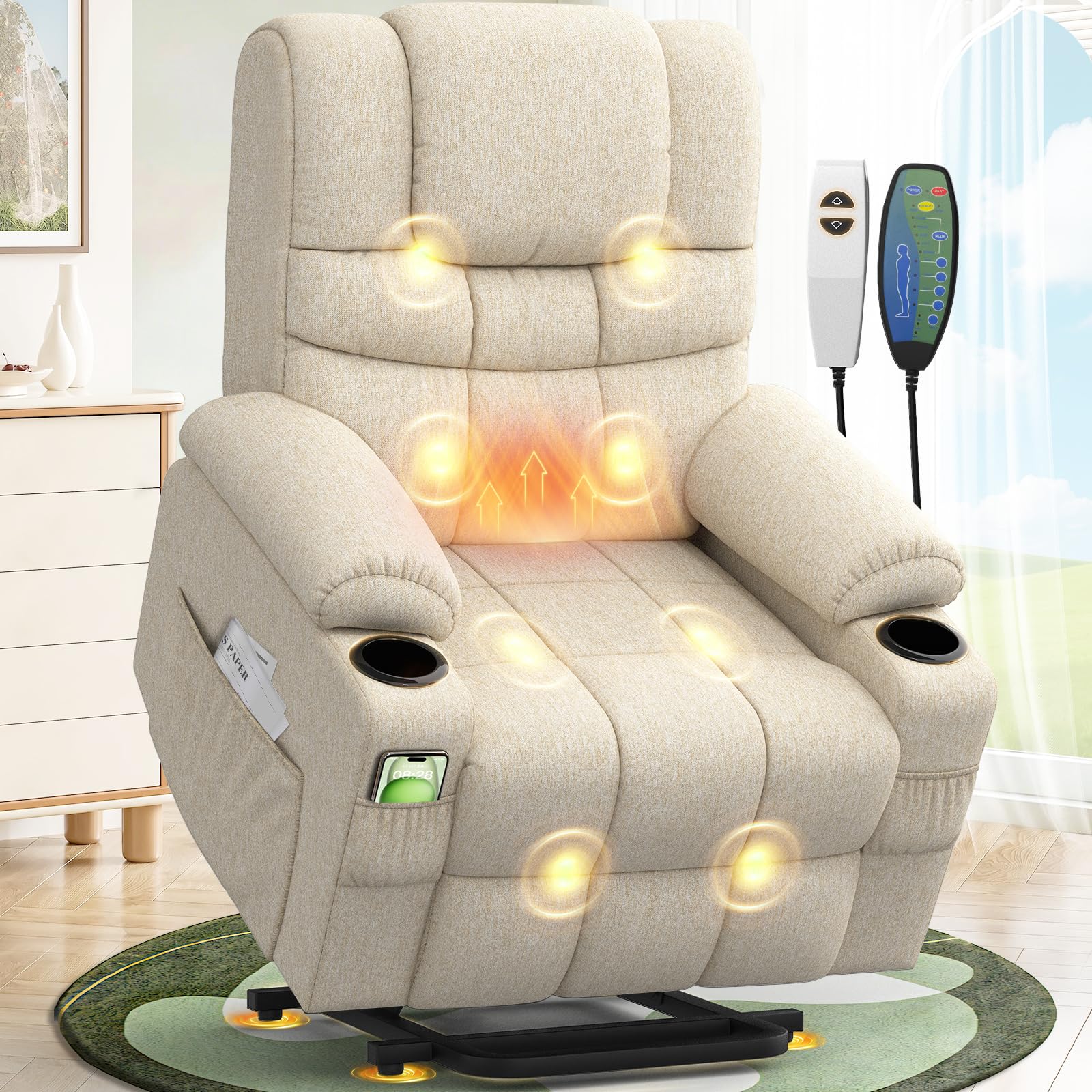 SQUEBILIFE Fernsehsessel Relaxsessel mit 45°Aufstehhilfe, Elektrisch TV-Sessel Wohnzimmer-Sessel mit Massagefunktion & Lendenwirbelheizung, Typ-C + USB-Anschlüsse, 2 Getränkehalter & 4 Seitentaschen