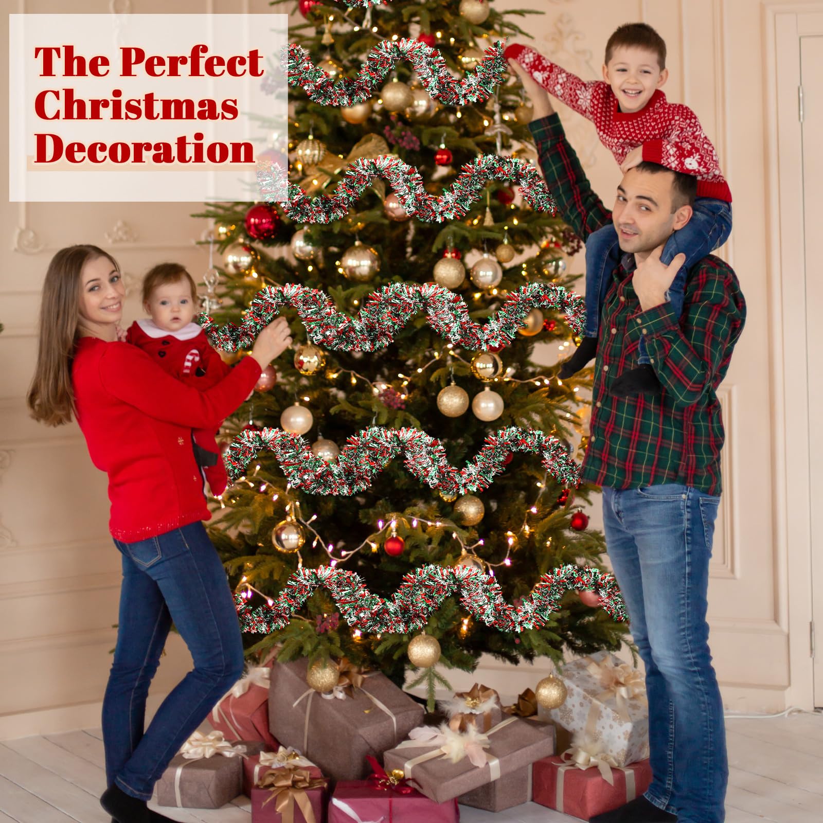 Weihnachts-Lametta-Girlande, Metallic-Lametta-Girlande, glitzernd, metallischer Baum, glänzende hängende Girlanden, Dekorationen für Treppen, Geländer, Urlaub, Party, Rot, Grün, Silber, 295