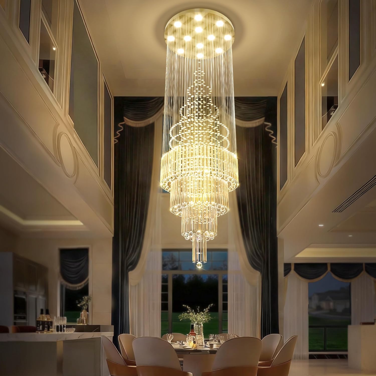 Flashing God D32''XH79'' Modern Foyer Chandelier for High Ceiling Raindrop Crystal Chandelier High Ceiling Pendant Light Fixture for Hallway Living Room Gold Stairwell Chandeliers