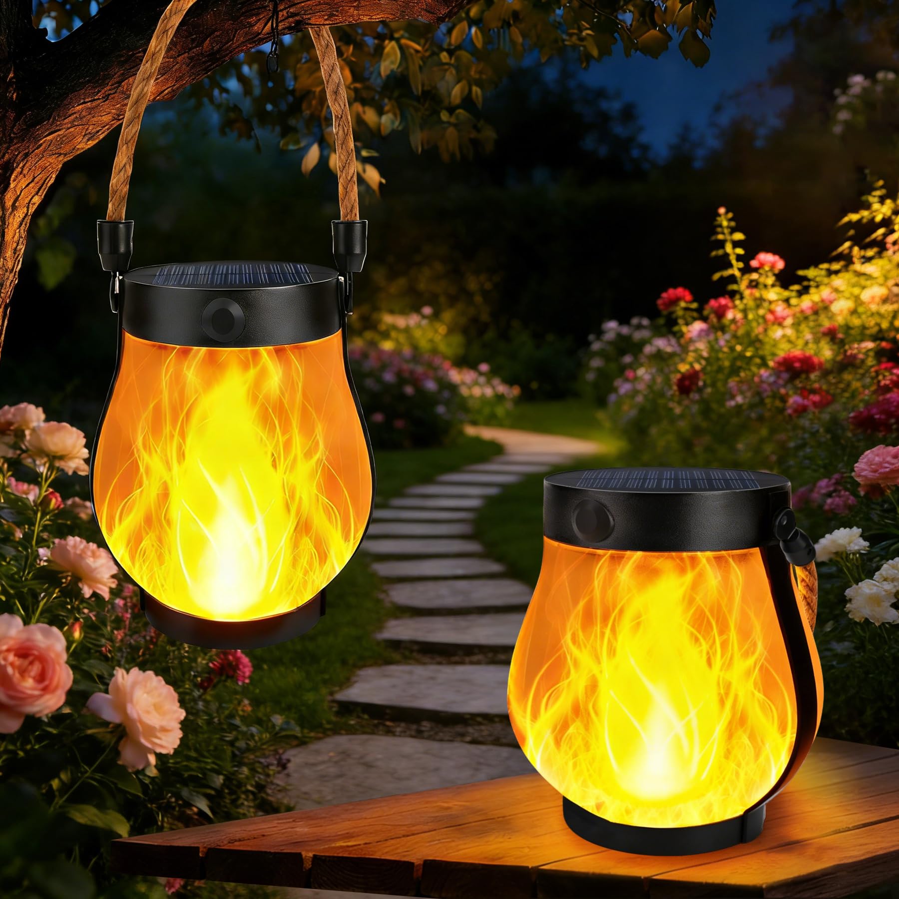 Solarlaternen für den Außenbereich, wasserdicht, flackernde Flamme, hängende Laternen, dekorativ, für den Außenbereich, mit 2 Modi, Dual-Aufladung, USB und solarbetrieben, für Veranda, Hof, Terrasse
