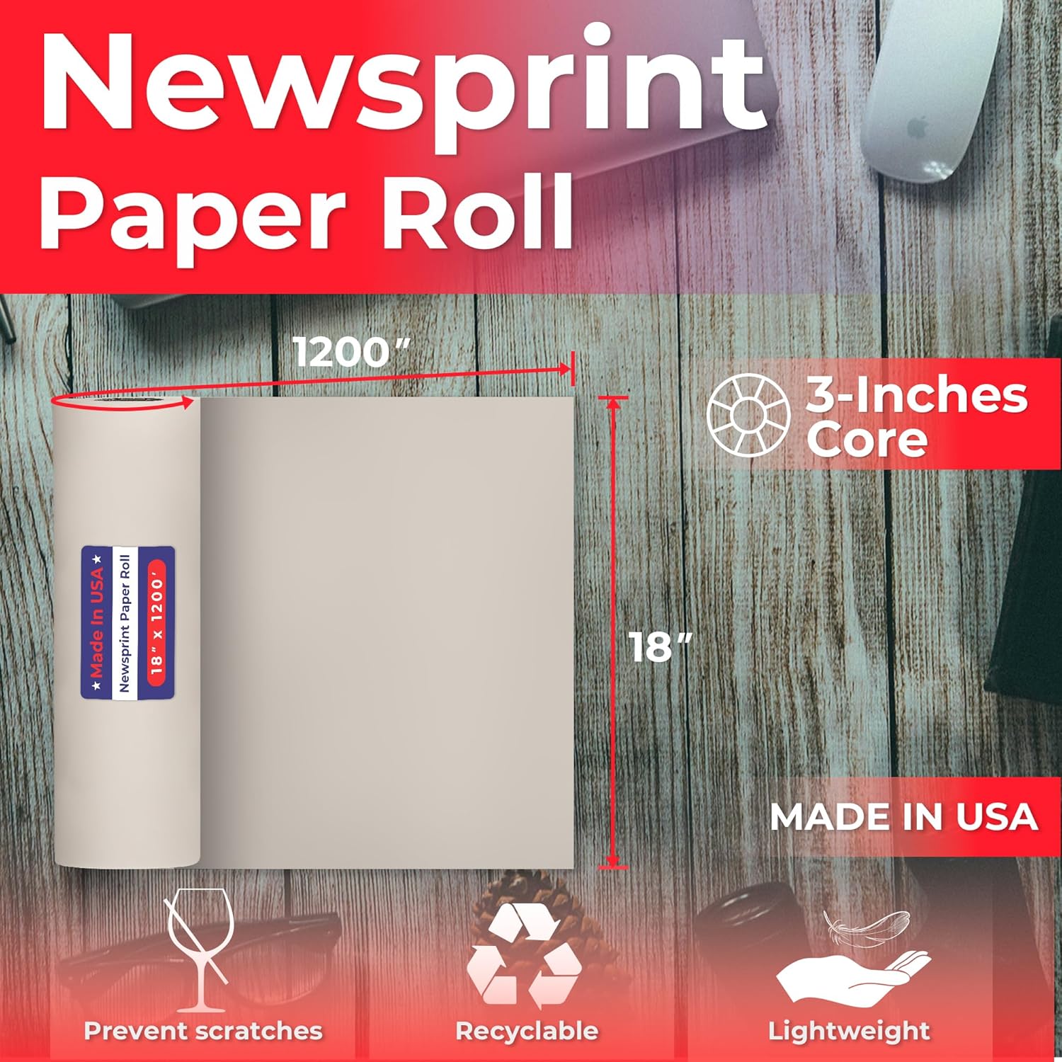 POS Paper USA 18" x 1200' 30# White Newsprint Paper Roll – Packing Paper for Moving, Wrapping, and Protecting Fragile Items (1 Roll/Case)