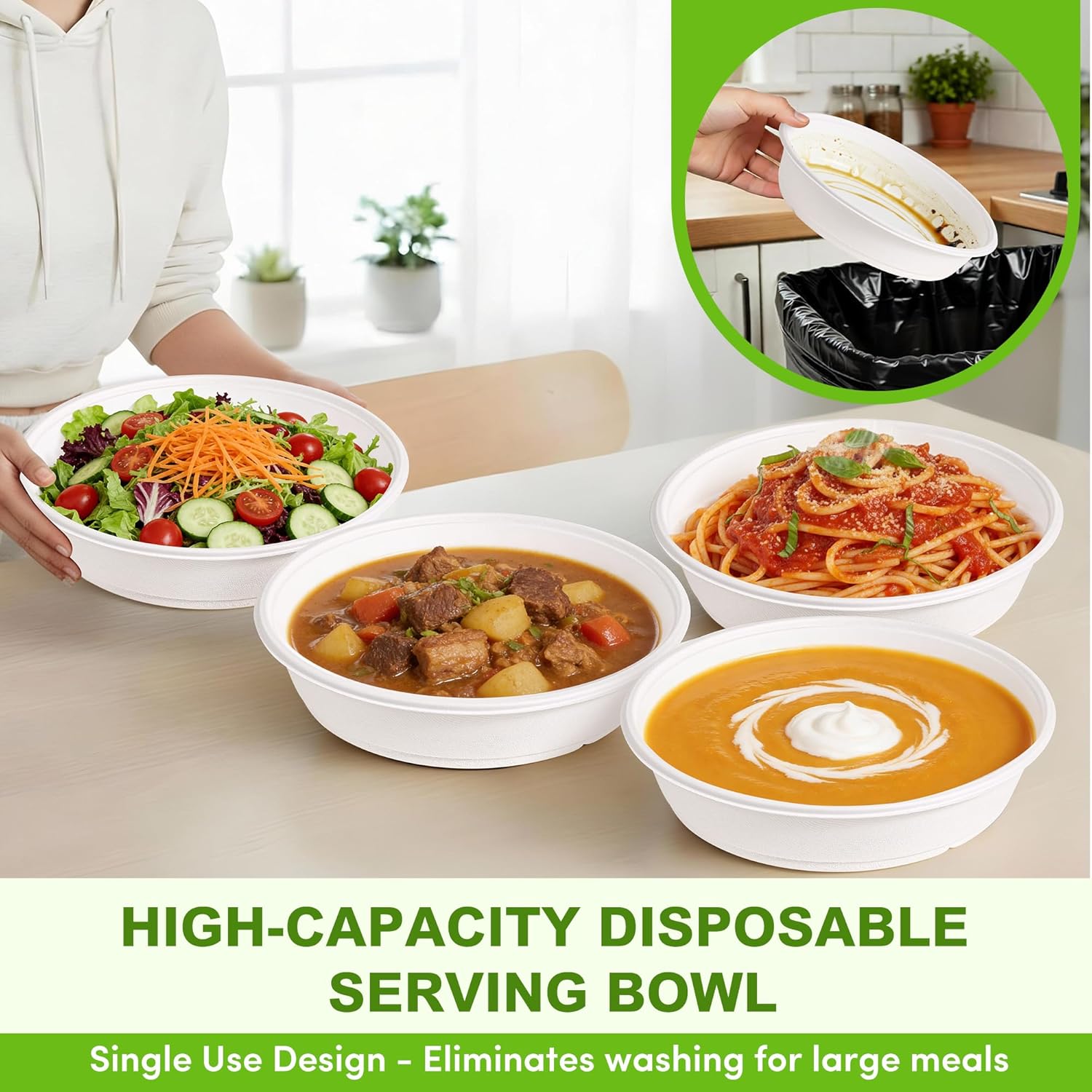 50-Pack 105oz Extra Large Disposable Paper Salad Bowls, Heavy Duty Sugarcane Fiber Paper Serving Bowls for Pasta, Soup & Party Sharing, Microwave Safe - Image 4
