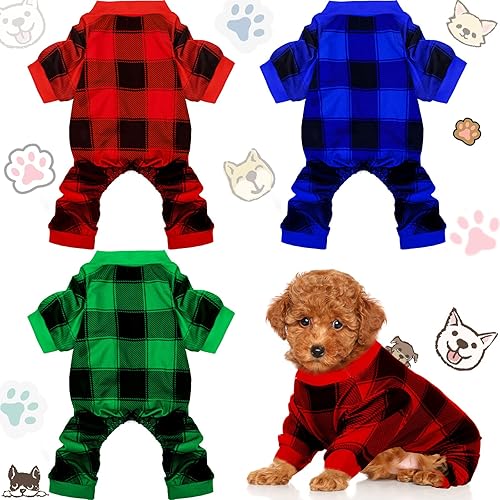 Pijama de Navidad para perro, 3 piezas, overol de búfalo rojo, a cuadros, pijamas para mascotas, pijamas lindas para perros pequeños, medianos,