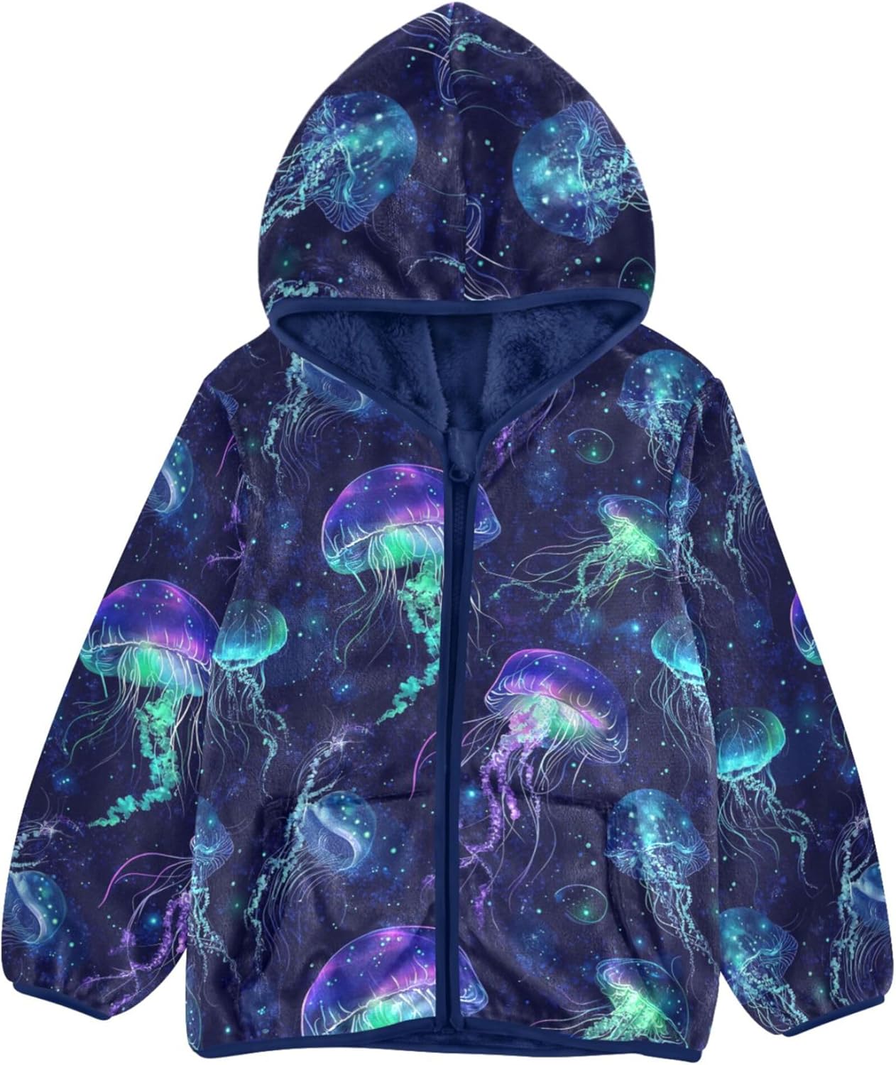 Yuiboo Dark Blue Jellyfish Starry Sea Toddler Soft Jackets Children Plush Outerwear Navy Blue Baby Boys Clothes