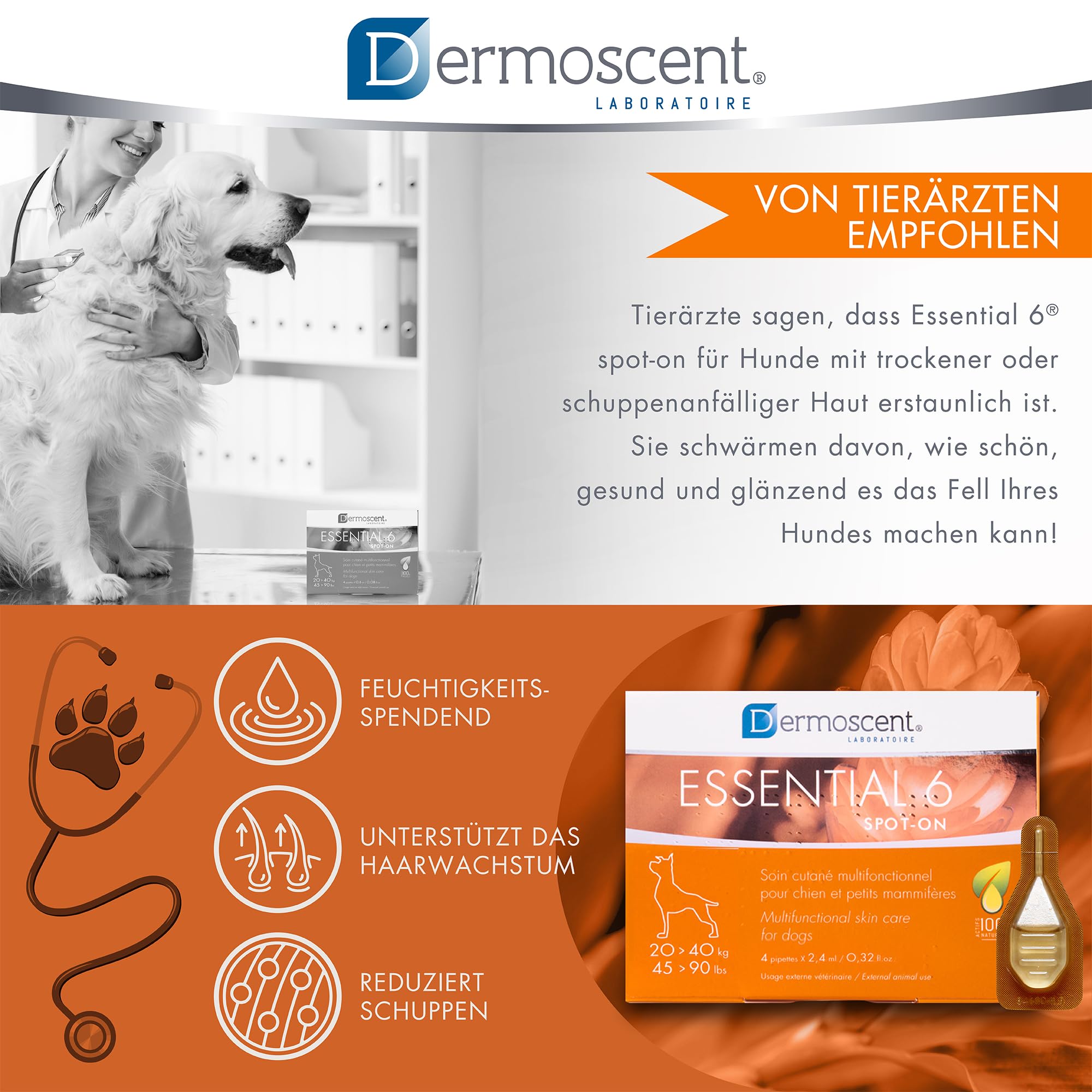 Innovative Hautpflegelösung für Hunde und kleine Haustiere | Feuchtigkeitsspendend, glänzend, kontrolliert Haarausfall, reduziert Gerüche und schützt mit natürlichen Inhaltsstoffen | 20-40 kg