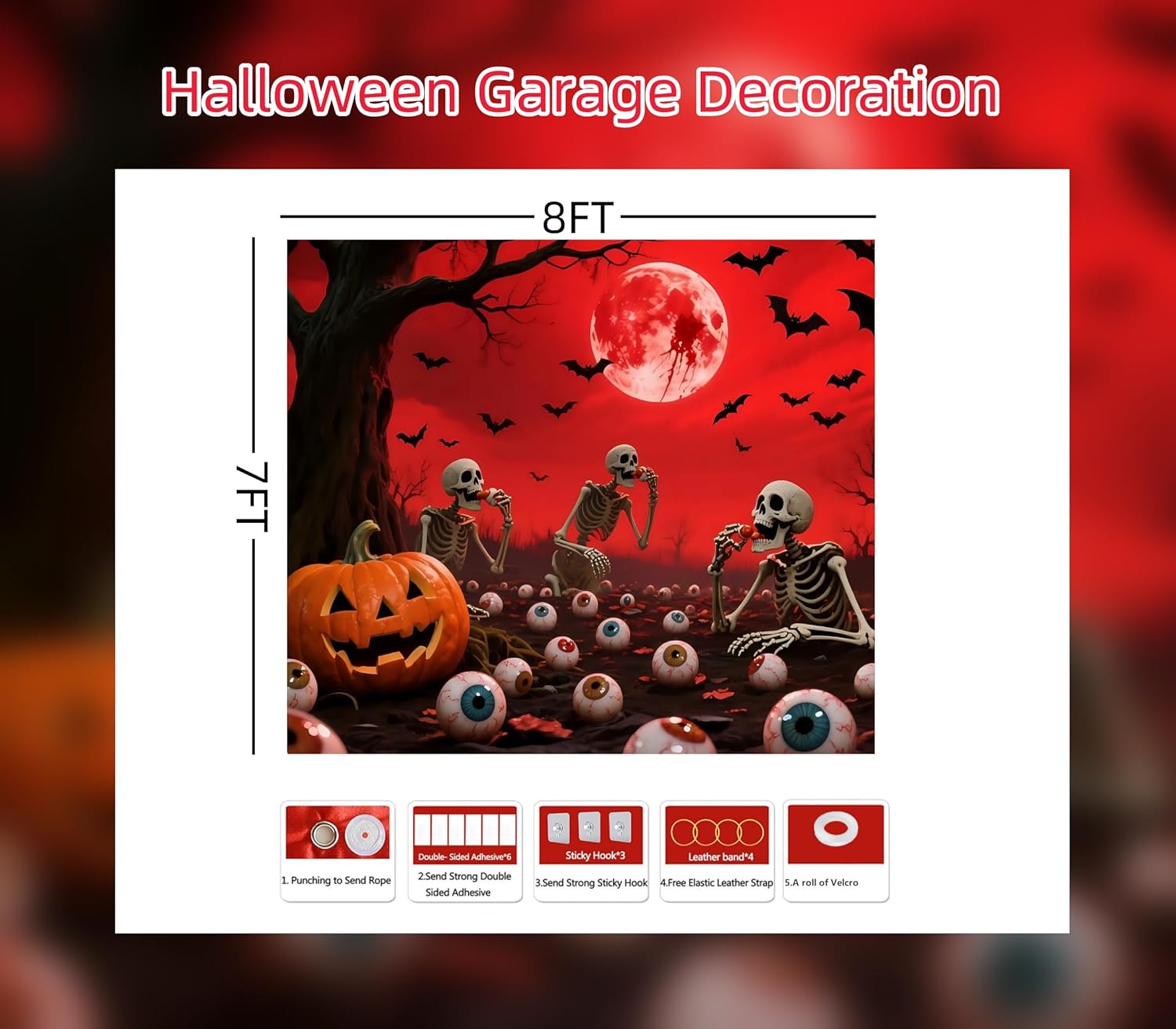 7 × 8 Ft Halloween Garage Banner, Small Door Cover for Single Garage Door, Giant Blood Moon with Red Sky Design, Horror Scene, for Yard, Fence, Halloween Party