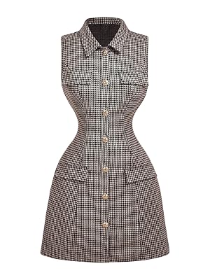 Floerns Womens Elegant Houndstooth Sleeveless Tank Dress Button Business A Line Mini Dresses