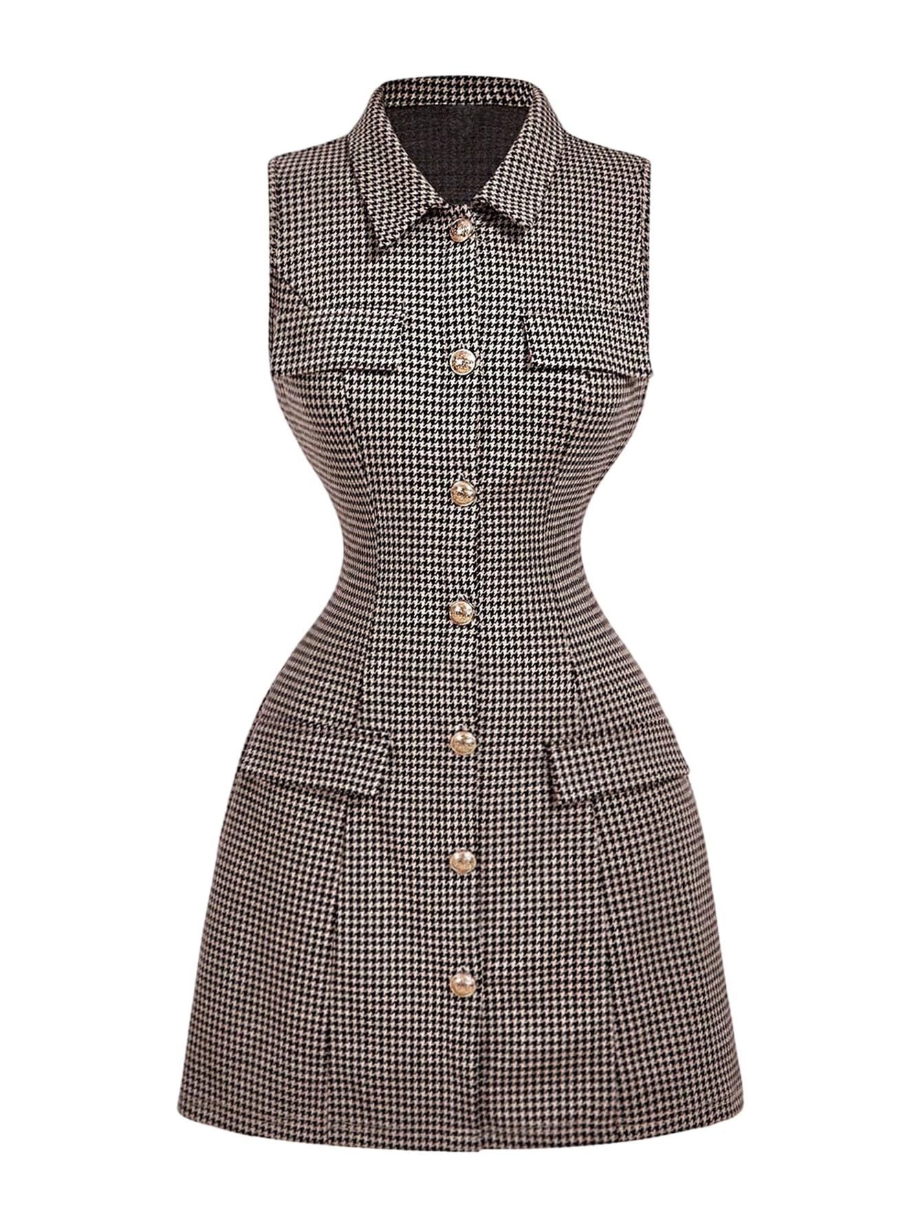 Floerns Womens Elegant Houndstooth Sleeveless Tank Dress Button Business A Line Mini Dresses