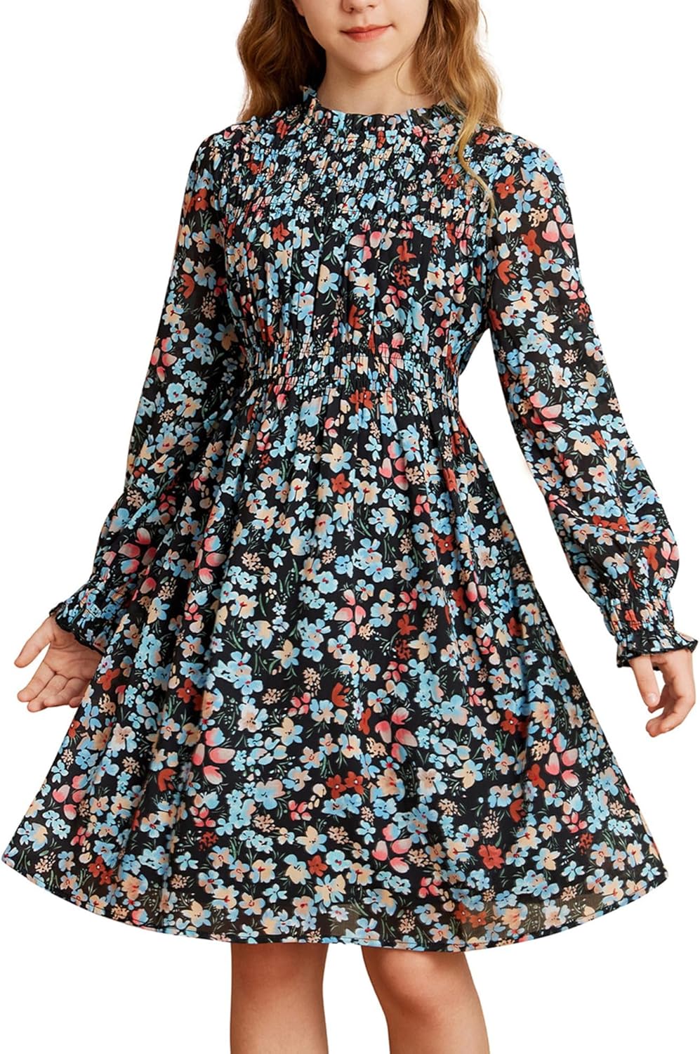 GRACE KARIN Girls' Spring Long Sleeve Dresses Kids Floral Winter Formal Dress Girl Casual Fancy Midi Clothes Size 6-14