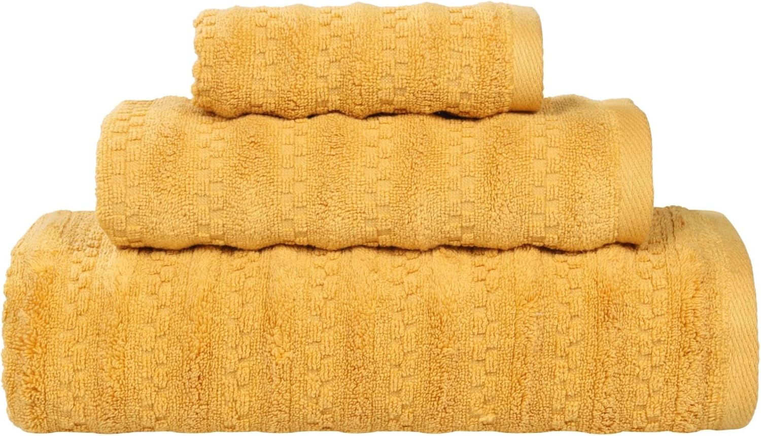 Superior Zuma Zero Twist Cotton Medium Weight Towels, for Guest Bath, Bathroom, Shower, Spa, Plush Towels, Bath Essentials, Waffle Textured Stripes, 3 Piece Assorted Towel Set, Gold