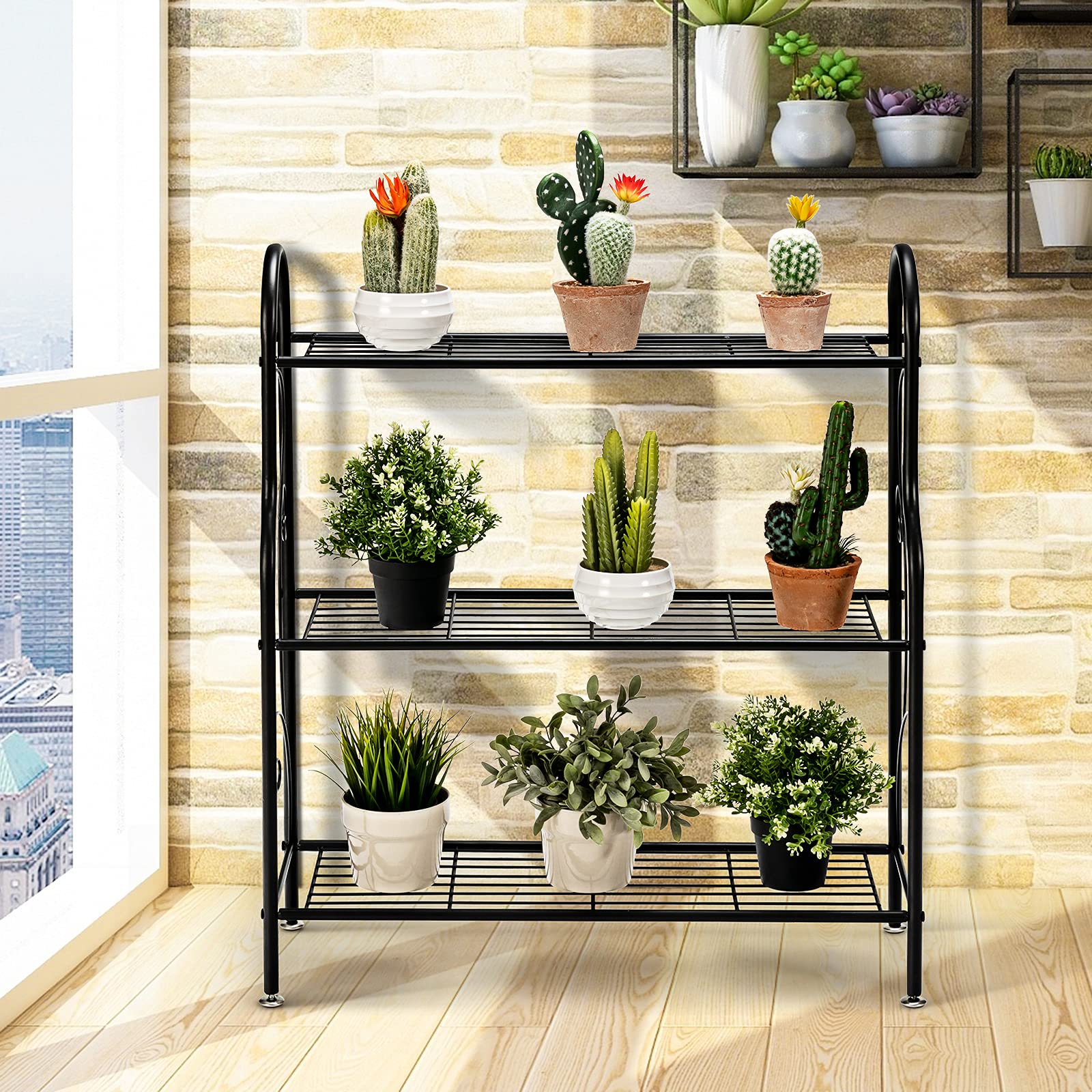COSTWAY 3-stufige Metall Blumentreppe, Pflanzenständer Pflanzenregal Pflanzentreppe, Blumenregal belastbar bis 35 kg, Blumenbank für Garten Balkon Indoor Outdoor, Schwarz, 72 x 25 x 85 cm