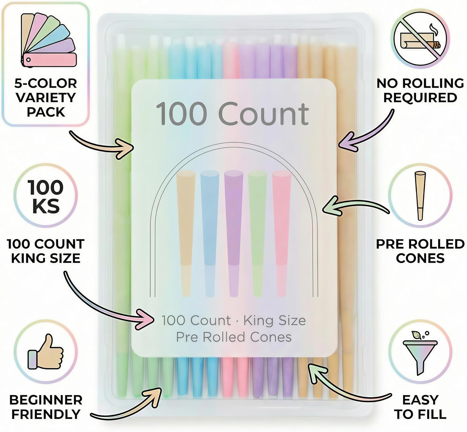 100 Colorful | Cone Rolling Paper with Filling funnels/Mini Scoop/Packing Sticks