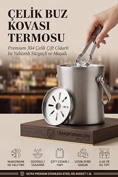 Transformacion Çift Cidarlı Isı Yalıtımlı Buz Kovası Termosu 1.3 L - Premium 304 Paslanmaz Çelik Süzgeçli ve Maşalı Profesyonel Bar ve Ev Tipi Endüstriyel Kumlama Lüks Buzluk 723393