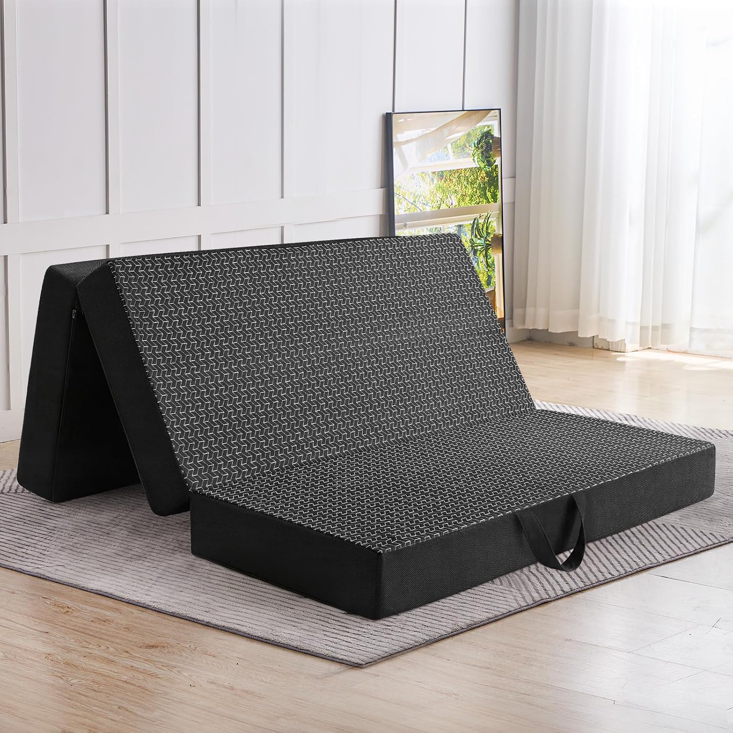 CYMULA Folding Mattress Full Size, 6 inch Memory Foam Tri Portable Murphy Bed and Futon, Full Topper with Breathable & Washable Cover, Foldable Floor Mattress for RV,Guest Beds,Black,52"×73"×6"
