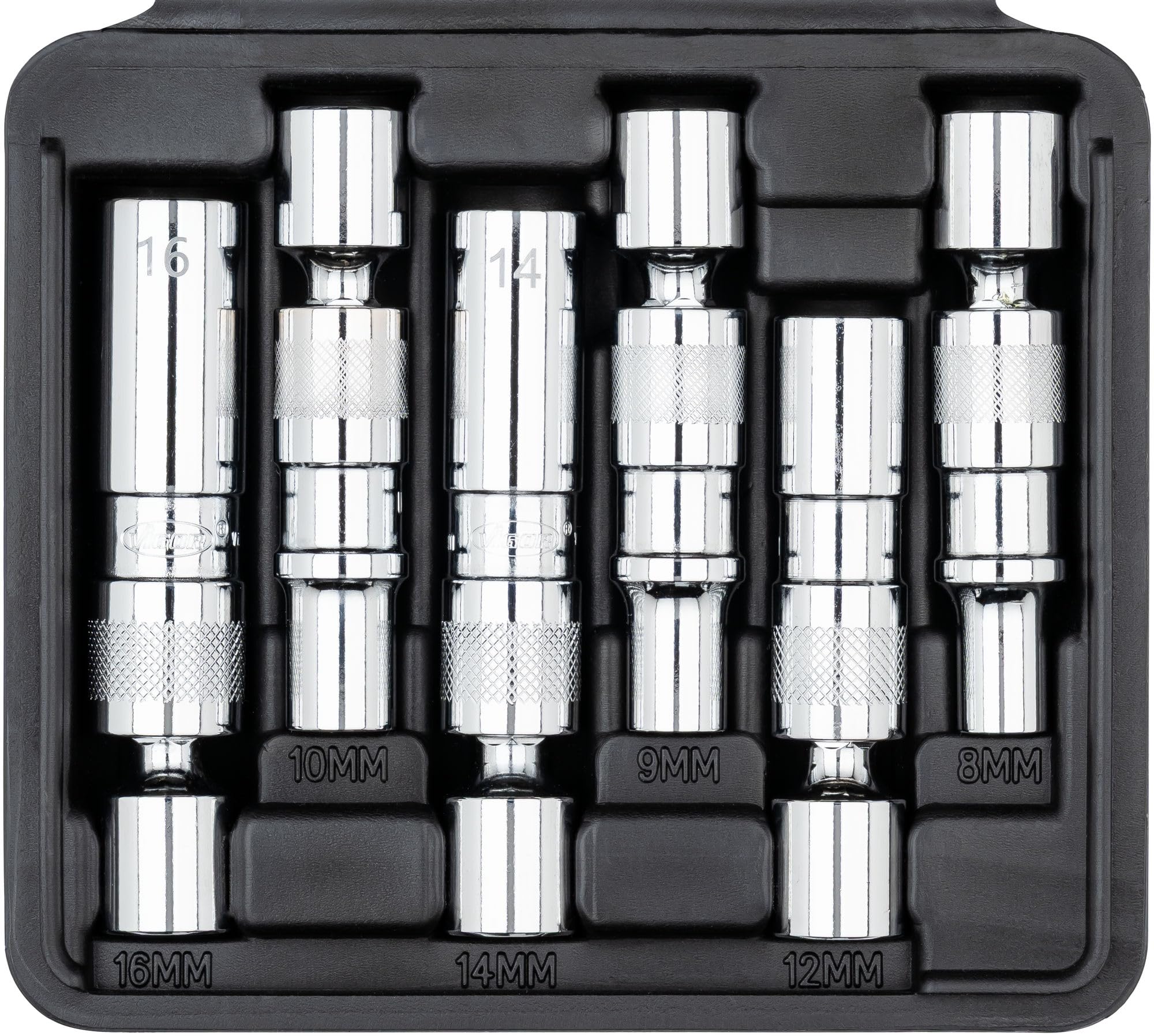 VIGOR V7016/6 Zestaw do Wyciągania Świec Żarowych, 6-Częściowy, Kwadrat 3/8 Cala, 8,9,10,12,14,16 mm, Podwójny Sześciokąt Zewnętrzny, Uchwyt Magnetyczny, Przegubowy Klucz Nasadowy do Ciasnych Miejsc