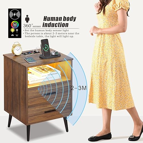 Miniatura 4 de FREDEES Mesita de noche con estación de carga (inalámbricaUSBtipo C) y luces LED, mesa auxiliar inteligente, mesita de noche de madera con cajones,