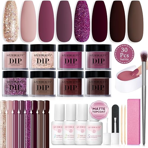 AZUREBEAUTY Dip Powder Nail Kit Starter Glitter Purple Nude Brown 8 Colors