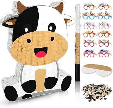 Cute Cow Pinata for Birthday Girls and Boys, Yellow Cow Pinata Includes 12pcs Paper Glasses, Blindfold, Stick, and Confetti, Perfect Farm Animal Themed Party Decorations 16 x 13 x 3.5 Inch