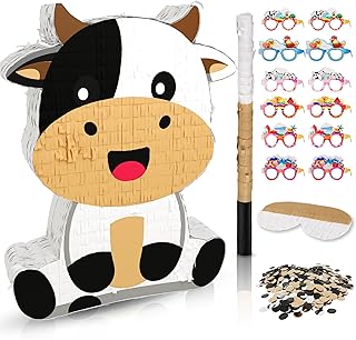 Cute Cow Piñata for Birthday Girls and Boys, Yellow Cow Piñata Includes 12pcs Paper Glasses, Blindfold, Stick, and Confetti, Perfect Farm Animal Themed Party Decorations (16 x 13 x 3.5 Inch)