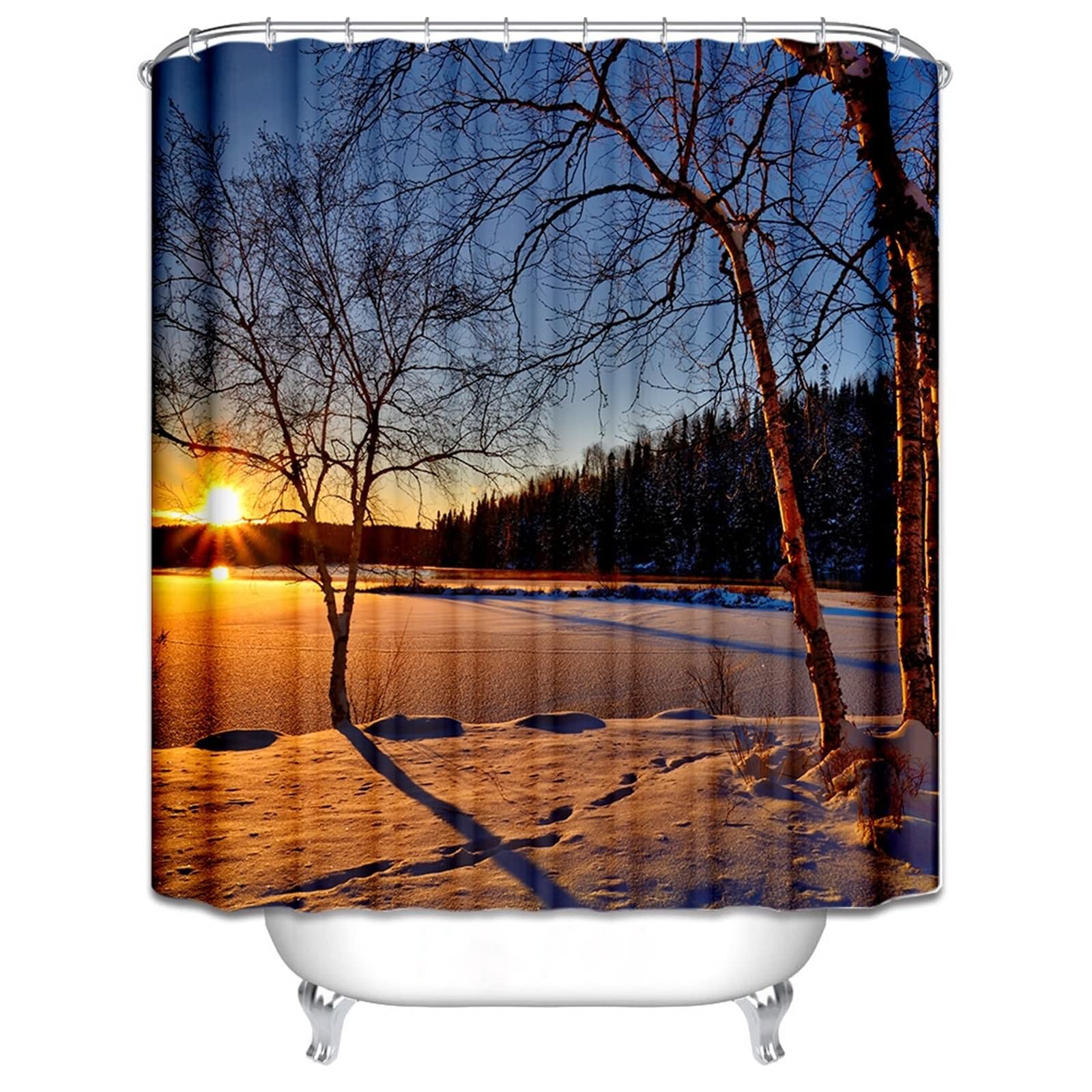 Tenda Bagno Doccia Grande, Poliestere Multicolore Alberi di neve e tramonto Tenda vasca da bagno, lavabile, asciugatrice rapida, 180x200cm