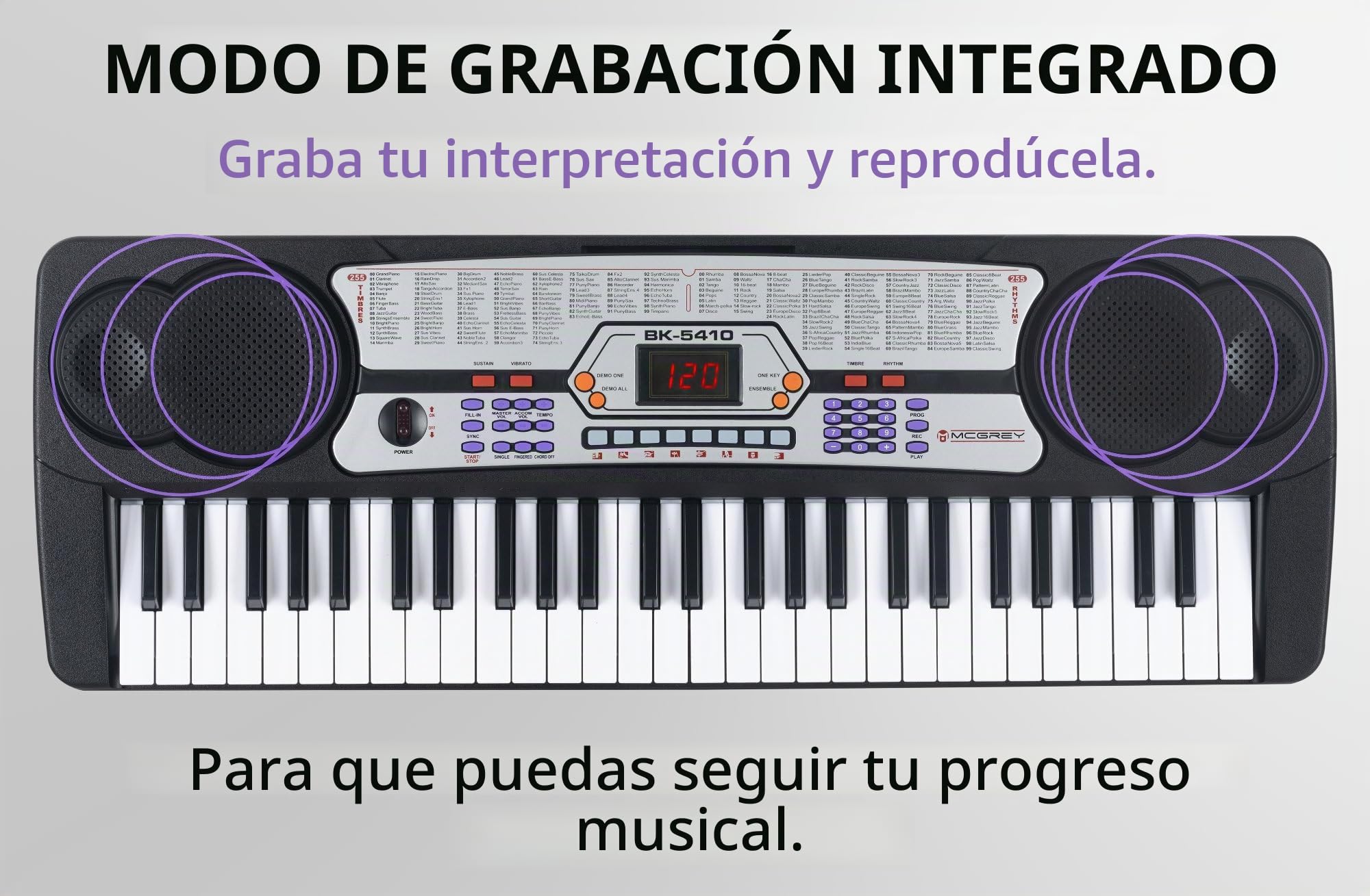 McGrey BK-5410 Teclado con 54 Teclas, Micrófono y Atril para Partituras | Teclado para principiantes con 54 teclas, Pantalla LED, 255 sonidos, 255 ritmos, 8 sonidos de percusión, 8 canciones demo