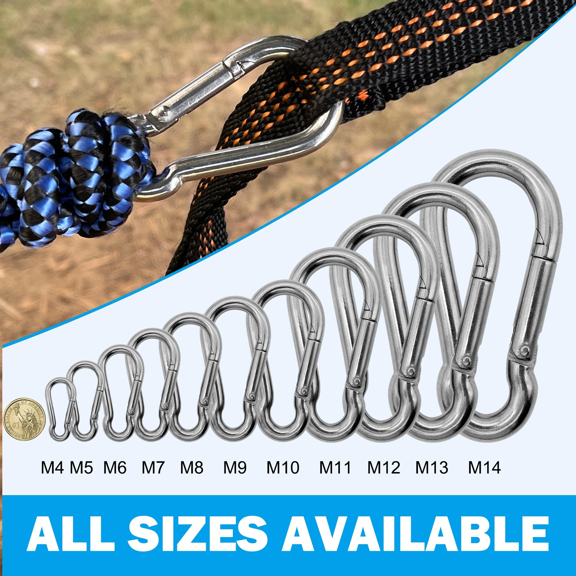 Lot De 10 Mousquetons à Ressort Hannger – Acier Inoxydable 304, M4, Capacité 40 Kg, Polyvalents Pour Outdoor, Camping, Porte-clés