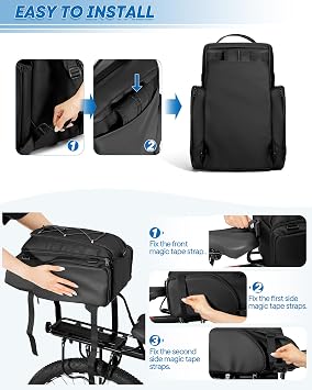 Smasrob Bicycle Bags for Bikes Rear Rack, Convetible Bike Trunk Bag, Black | Double Shoulder Straps and Night Reflective Strips, for Cycling, Commuting, Travel and More