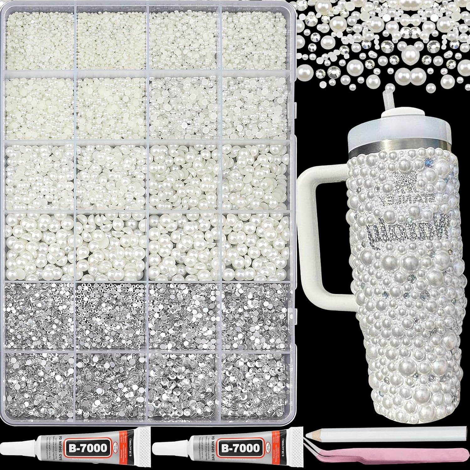Pearl Bedazzling Kit Silver Rhinestones Pearls for Crafting Bedazzling Decora with Mixed Flatback Pearl Bedazzle Gems for Crafts DIY Nail Pearls Rhinestones for Women and Girls