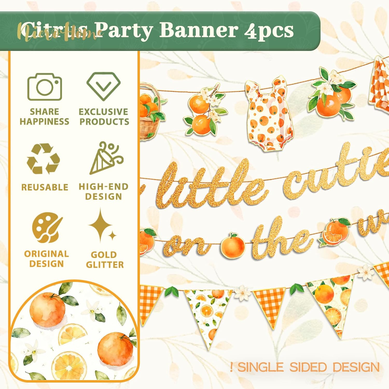 NICROHOME EUR Baby Shower Decorations, 4PCS Glitter A Little Cutie Is On The Way Banners, Orange Citrus Party Garlands for Backdrop Wall Hanging, First Birthday Little Cutie Gender Reveal Party Banner