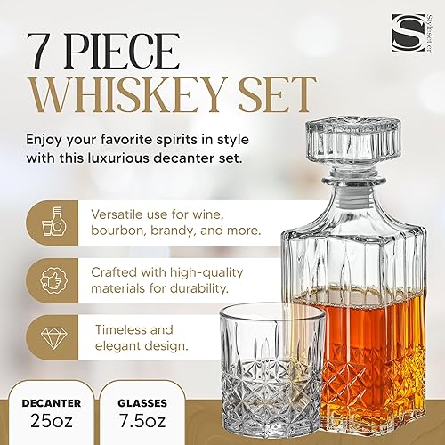 Miniatura 3 de Style Setter Juego de decantador de whisky con vasos, prestigioso juego de whisky con decantador de licor de 25 onzas y 6 vasos, decantador de
