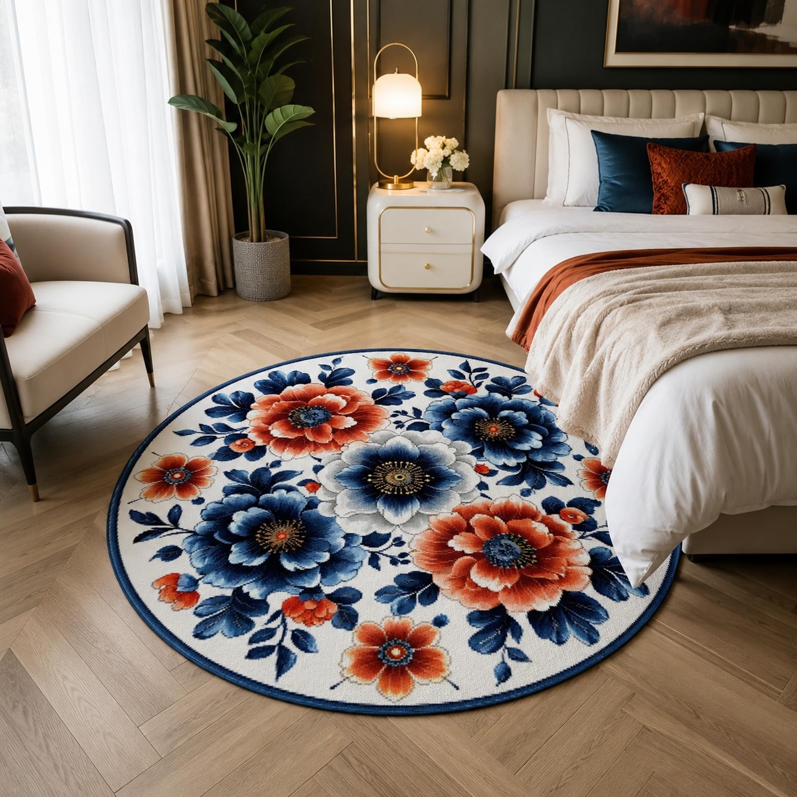 Tapis Table Salle à Manger Rond 170 cm Vintage Anti-Taches Bleu Orange